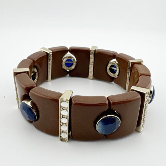 Vintage Brown Blue Gemstone Stretch Bangle Bracelet Retro Art Deco‎ Style - Picture 1 of 8